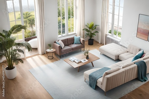 A Photograph of a mesmerizing aerial view showcasing a soothing pastel palette, capturing a dreamlike room interior, bathed in soft, diffused natural light.