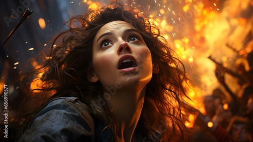 City in Crisis. A woman panics in a crowded street, looking up as fire rains from the sky in a disaster