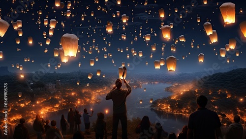 people watching sky lanterns float in the sky at night, in the style of photorealistic landscapes
