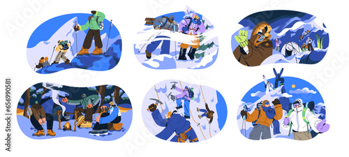 People with hiking equipment climbing on top of mountain. Tourists rest near campfire in camping. Winter travel in snow nature. Group of hikers trekking. Flat isolated vector illustration on white
