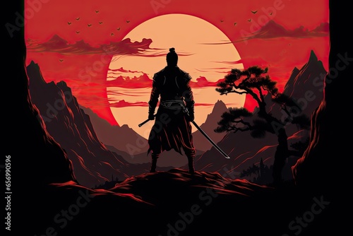 silhouette of a japanese samurai standing on top of a mountain at sunset
