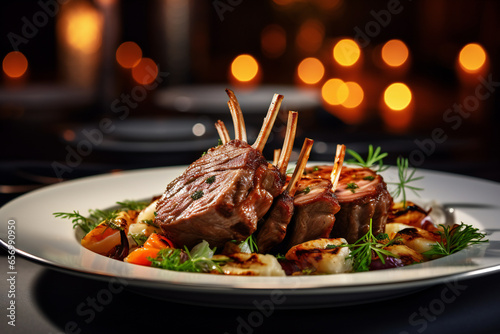 
Rack of lamb in white deep plate close-up. Luxury restaurant main course side view. Fancy dish closeup. Mutton ribs. Meat piece served in bowl. Roasted meat with vegetable garnish Generative AI photo