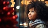 A black mixed race African American girl toddler intrigued by Christmas tree, Christmas bubbles, baubles decorations, christmas tree, Christmas lights, Christmas market, white christmas