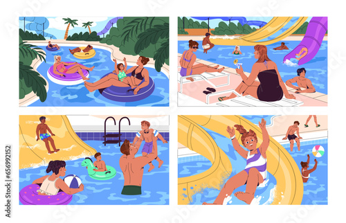 Aquapark set. Family with kids rest in water park. People relax on inflatable circle, lifebuoy in swimming pool, slide on waterslides, playing with ball, sunbathing. Summer flat vector illustration