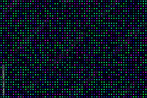 Macro pattern of LED screen with round multicolored pixels. Black video wall digital background. Electronic diode TV panel. Vector illustration.