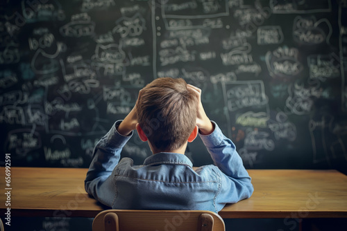 Back view of a struggling schoolboy holding his head while sitting in the background of a blurred school classroom with a blackboard. School concept of study and education.