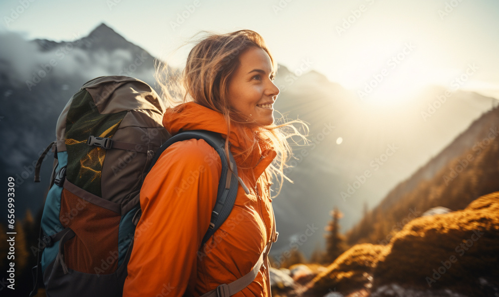 Woman traveler enjoys with backpack hiking in mountains. Travel, adventure, relax, recharge concept.