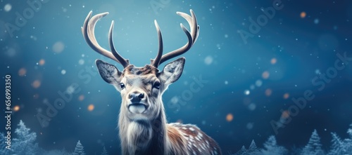 Christmas-themed reindeer against a serene blue background