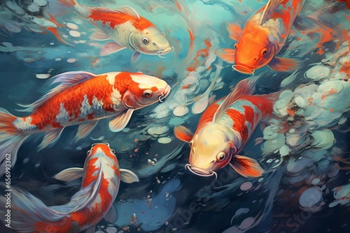 Close-up illustration of koi fish swimming in river. Generative AI