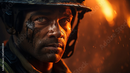 Fiery Fortitude: A close-up of a firefighter's determined face, framed by swirling smoke.