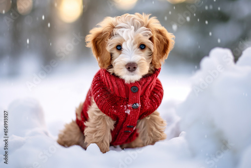 Small doodle dog wearing red knitted sweater in cold snow landscape photo