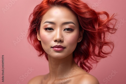 Japanese beautiful redhead woman portrait with smooth health skin face for advertising design on a pink solid background. Generative AI.