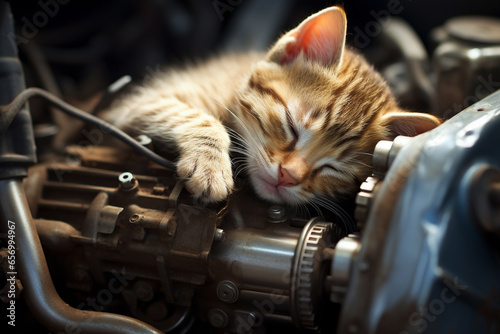 Cute young cat sleeping inside warm car engine photo