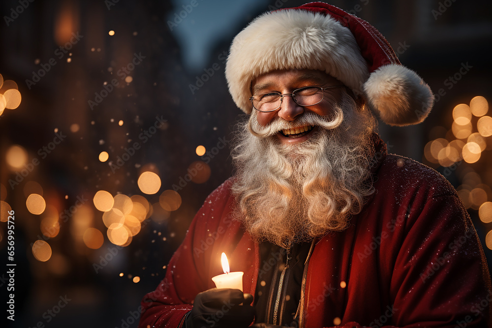 close-up portrait of a classic santa claus with candles in his hands, snow falling on the background