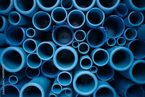 Abstract network of interconnected blue plastic pipes on a textured background. Generative AI