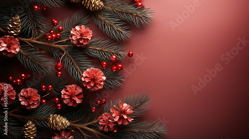 Christmas New Year background, fir branches, pine cones, red plain background, space for your text © Michael