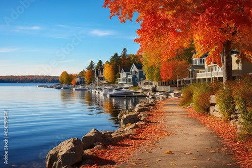 Scenic autumnal perspective of Meredith Bay, Winnipesaukee Lake, in the quaint town of Meredith, NH, USA. Generative AI
