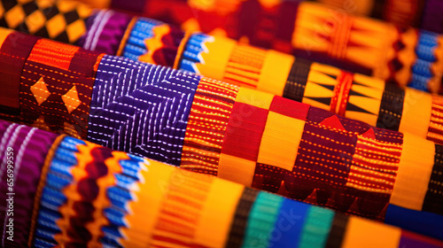 African Kente cloth, a vibrant and richly patterned fabric from Ghana, featuring bold and colorful interwoven geometric shapes.