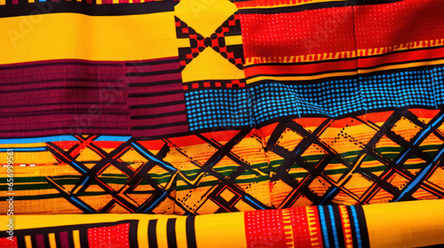 African Kente cloth, a vibrant and richly patterned fabric from Ghana, featuring bold and colorful interwoven geometric shapes. photo