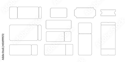 Set of outline raffles or coupons icons. Tickets for boarding on airplane, concert, cinema, museum, festival, theater, circus, exhibition isolated on white background. Vector graphic illustration
