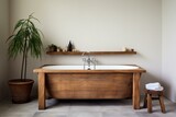 Simple, nostalgic bathroom with wooden basin and standalone bathtub. Generative AI