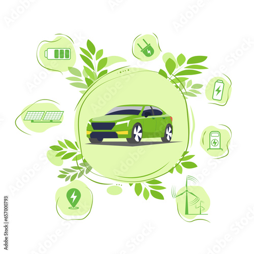 Electric car with electric vehicle charging station in modern city, planet and energy conservation concepts, paper illustration.
