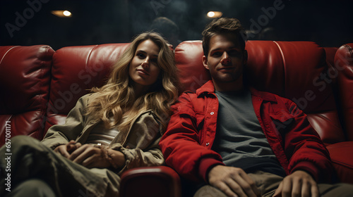 Couple watching movies in a movie theater On red sofa chair happily, couple in movie theater concept.