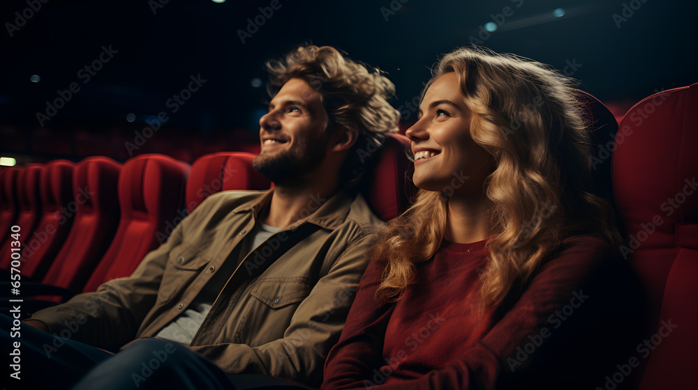 Couple watching movies in a movie theater On red sofa chair happily, couple in movie theater concept.