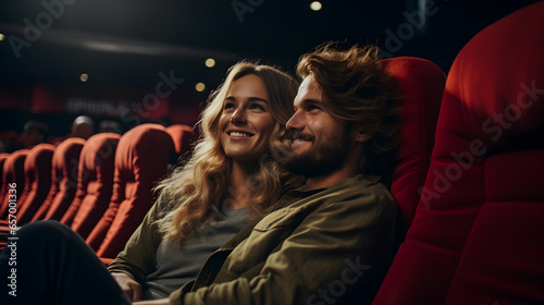 Couple watching movies in a movie theater On red sofa chair happily, couple in movie theater concept.