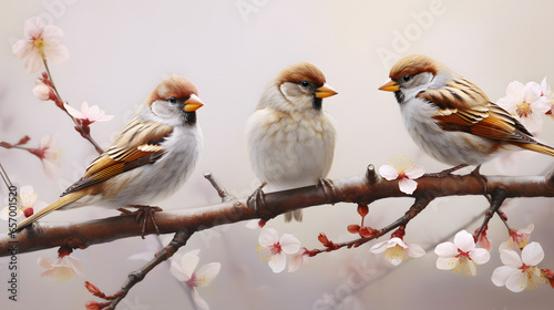 small sparrows on branches sitting and eating small flowers © Prasanth