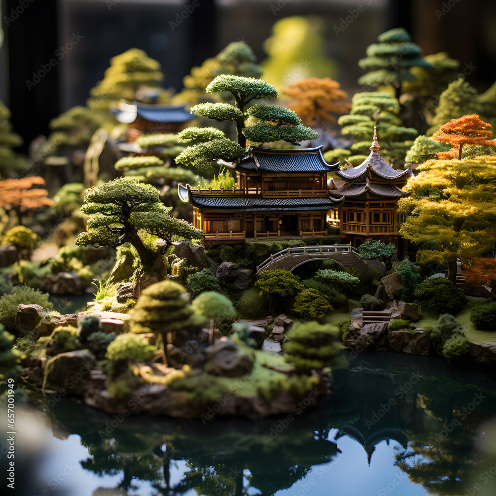 Fototapeta premium mini Japanese garden. The garden consists of a variety of trees, bushes and flowers in different shades of colours