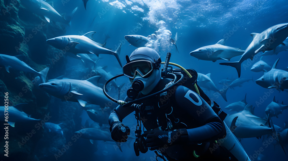Diver diving with fish He was wearing a diving suit with an oxygen tank on his back. Diver diving with fish He was wearing a diving suit with an oxygen tank on his back.
