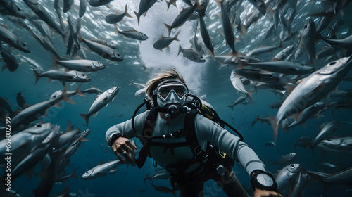 Diver diving with fish He was wearing a diving suit with an oxygen tank on his back.