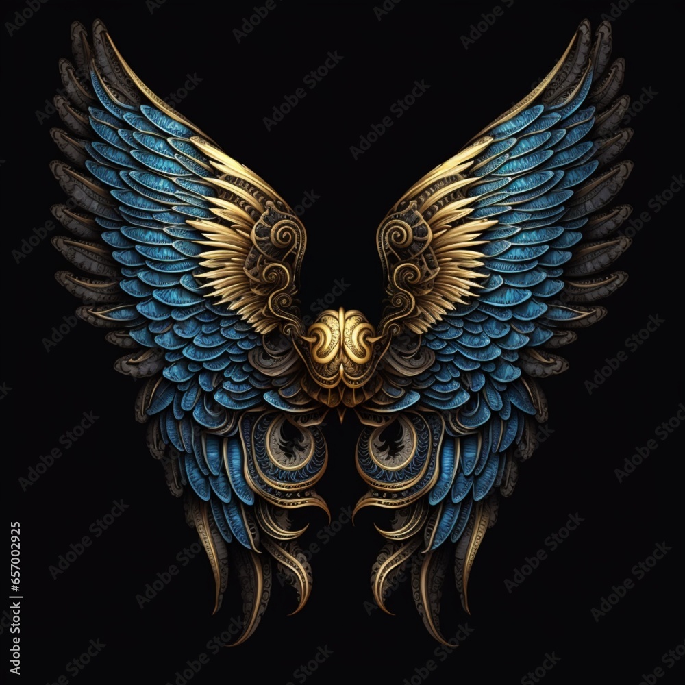 Obraz premium Blue and gold wings images, beautiful angel wings images, angel wings images black background AI Generated art
