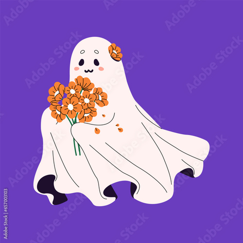 Halloween ghost hold bouquet. Cute spook with orange flowers. Friendly spirit with posy. Funny phantom with floral decor flying. Helloween party decoration. Flat isolated vector illustration