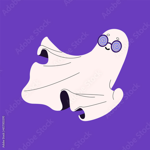 Cute ghost flying. Halloween spook wearing glasses with hypnotic spiral. Friendly spirit fly, floating in air. Kind phantom in eyeglasses. Funny soul under hypnosis. Flat isolated vector illustration