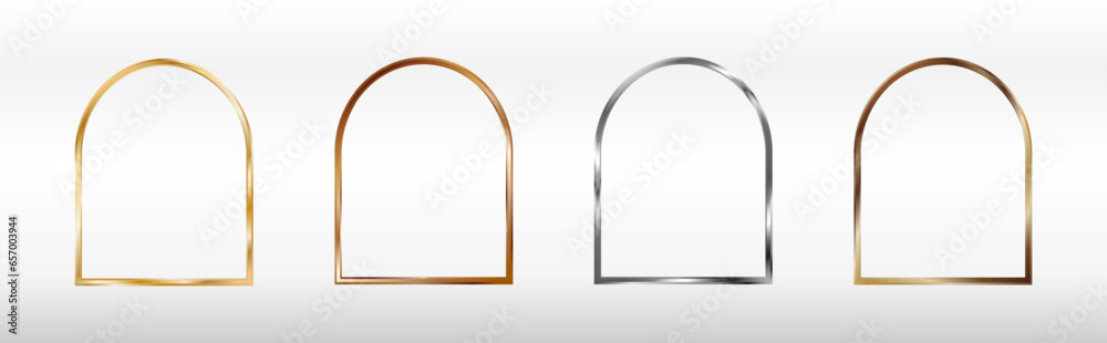 Gold, silver, bronze, copper arched frames for a picture or photo. 3d vector illustration on a white background. Gold, silver, bronze, copper arched frames for a picture or photo. 3d vector illustration on a white background.
