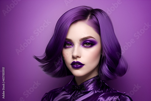 Portrait of a fashion model with purple hair, purple eyes, purple dress and purple makeup - Generative AI