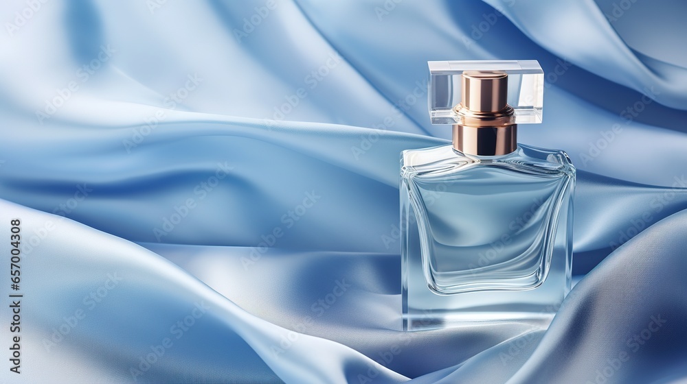 Generative AI, Bottle of perfume on a blue silk background. Glass flask with blue fragrance packaging design mock up Generative AI, Bottle of perfume on a blue silk background. Glass flask with blue fragrance packaging design mock up