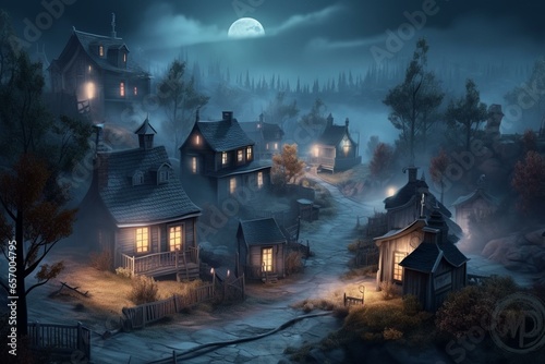 Mysterious village night with misty streets and eerie houses in autumn. 3D artwork of halloween background. Generative AI