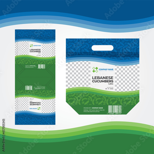 Template design for product packaging and label design. Plastic packaging of Lebanese cucumber vegetables.
