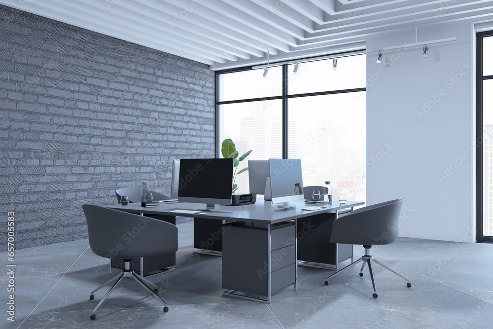 Light coworking office interior with furniture, windows and city view. Empty room. 3D Rendering.