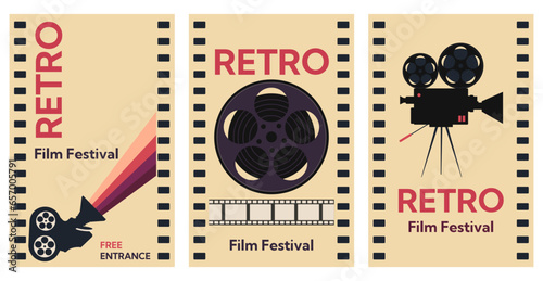 Vector set of retro vertical posters with vintage film camera and film reel. Template for film festival backgrounds. Vector illustration