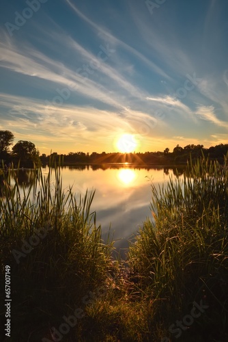 Obraz na płótnie Beautiful colorful sunset over the lake. The sun among the green grass reflecting in the lake. Photo taken in Mojcza, Poland. w salonie