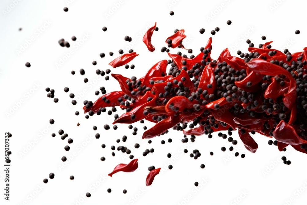 Falling pepper seeds, exploding floating pepper, abstract flying clouds. Peppercorn splashes in the air. Isolated on white background, freeze motion. Generative AI