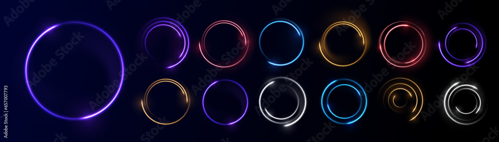 Neon circle frame on blue background. Glowing neon circle frame. Set of neon glowing circles. Glowing rings on dark background. Vector illustration - obrazy, fototapety, plakaty 