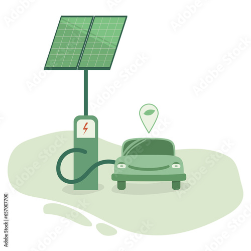 the electric car is charged on a charge with solar panels