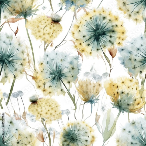 Watercolor seamless dandelion pattern isolated on white