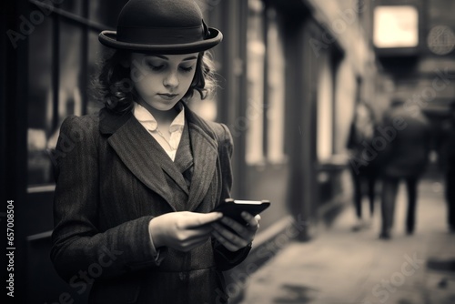 a black and white vintage close-up portrait of a young teen white girl elegantly dressed wearing a suit and a bowl hat 1920th fashion style using a smartphone photo