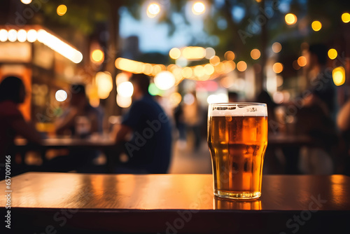 Bokeh background Street Bar beer restaurant, outdoor in asia, People sit chill out and hang out dinner and listen to music together in Avenue, Happy life ,work hard play hard.